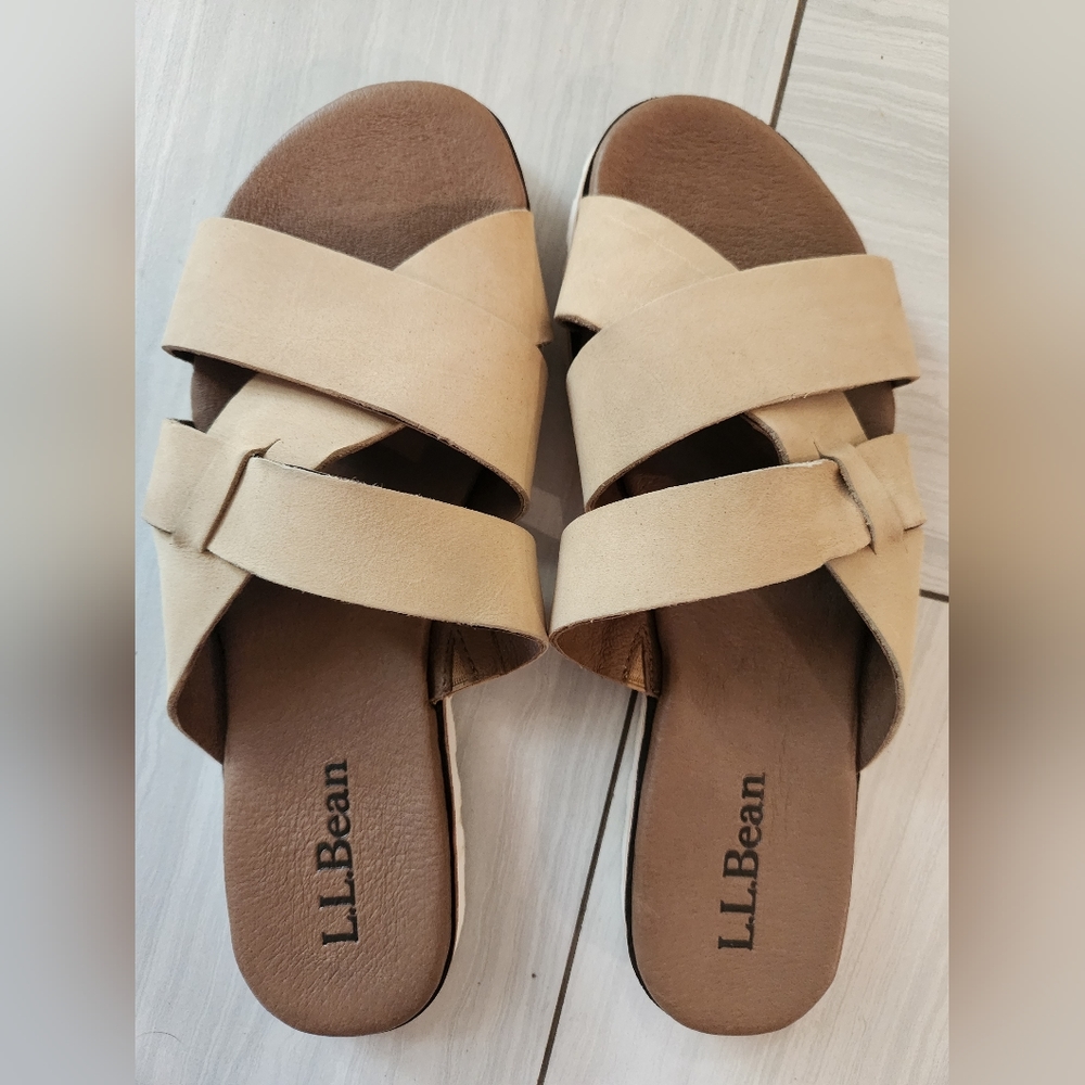 LL BEAN Lakewashed Leather Slide Sandals Comfort Vacation Resort Summer Sz 9 Tan